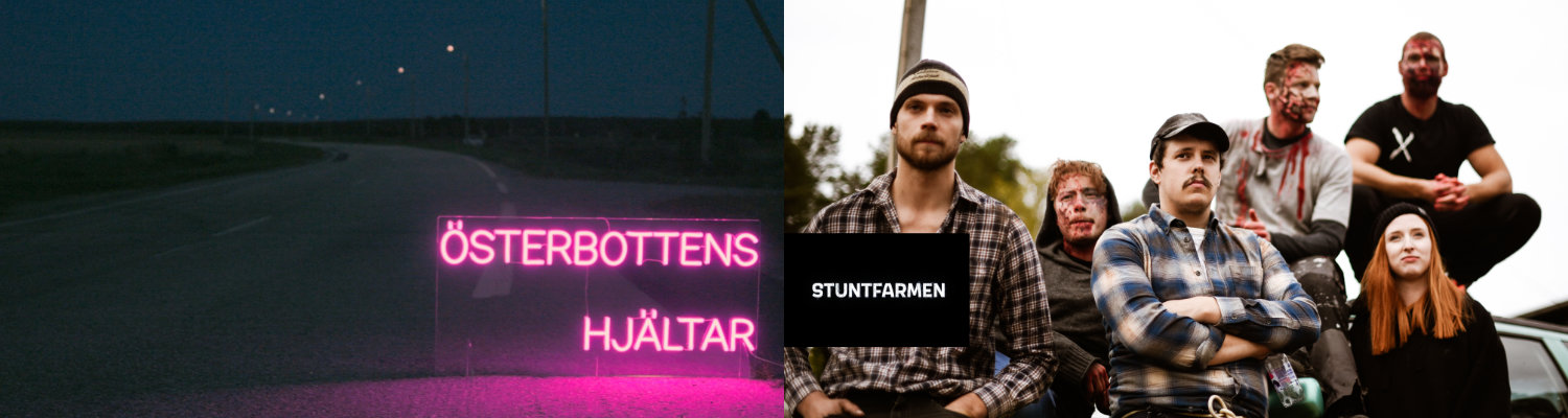 Till vänster en bild från Österbottens Hjältar skylt tagen av Kyösti Linna. Till vänster en bild av gänget i Stuntfarmen tagen av Anna Betlehem.